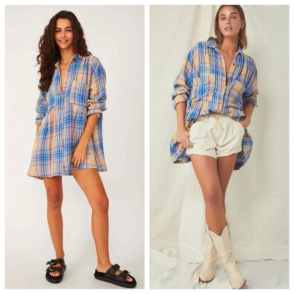 Free People Dresses & Skirts - Free People The Voyage Shirtdress Gauze Plaid Blue in Sunrise Combo Size XS